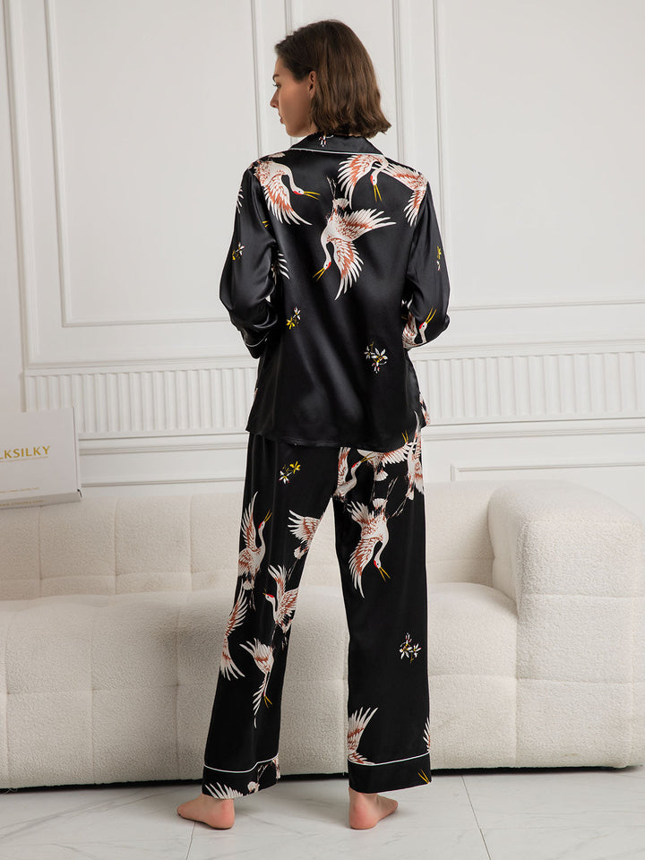 19 Mommy 2Pcs Pure Silk Printed Classic Binding Trim Women's Pajama Set.