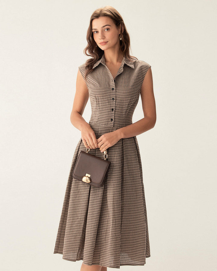 Brown Plaid Button Pleated Midi Dress