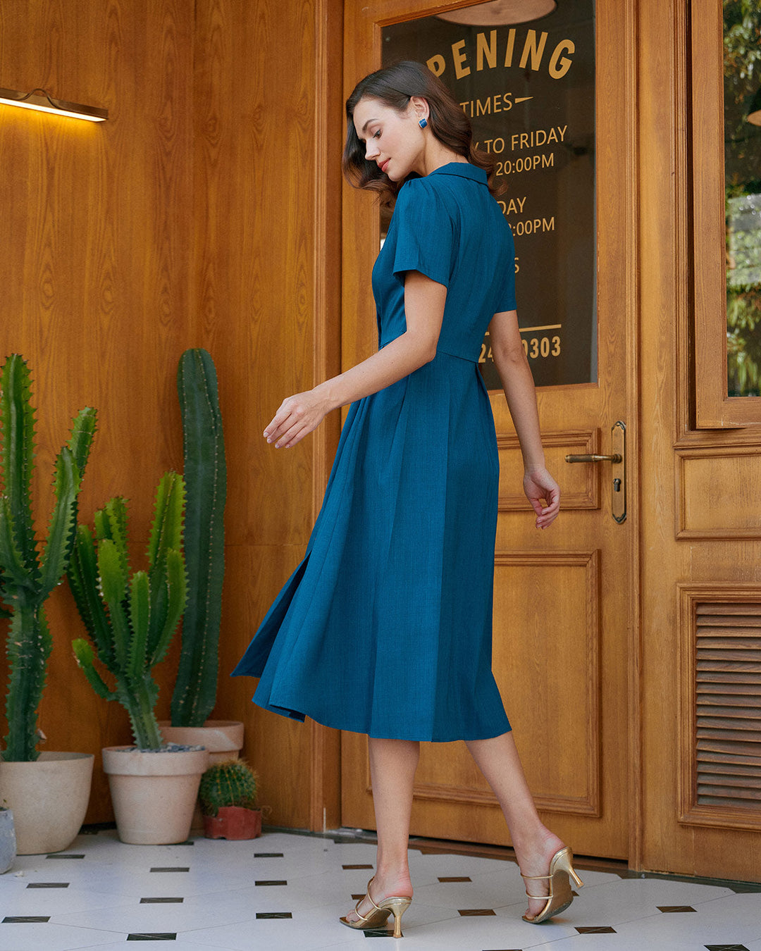 Blue V Neck Pleated Button Midi Dress