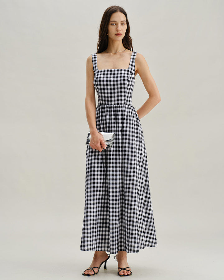 Black Plaid Square Neck Pocket Slip Maxi Dress