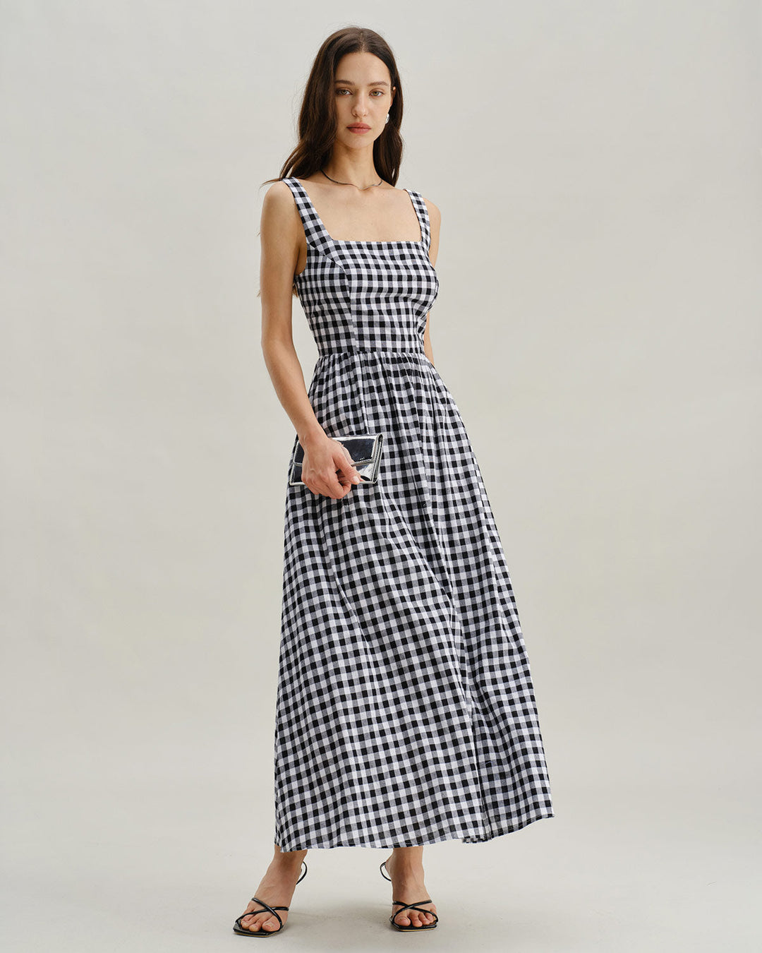 Black Plaid Square Neck Pocket Slip Maxi Dress