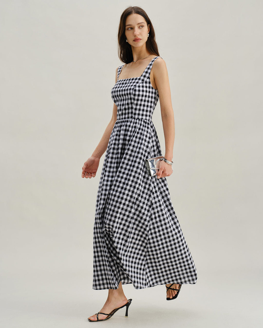 Black Plaid Square Neck Pocket Slip Maxi Dress