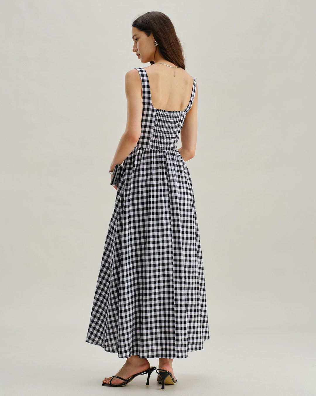 Black Plaid Square Neck Pocket Slip Maxi Dress