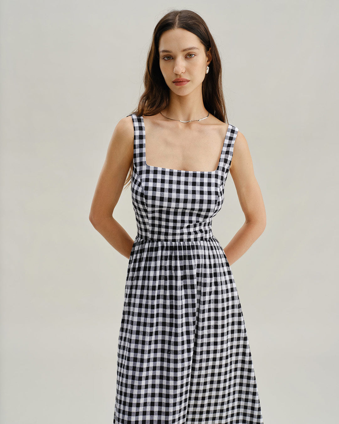 Black Plaid Square Neck Pocket Slip Maxi Dress