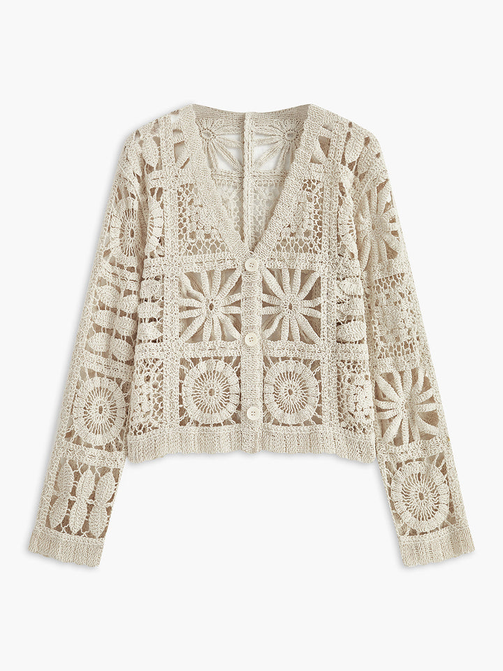 Cardigan con bottoni sul davanti, motivo quadrato all'uncinetto