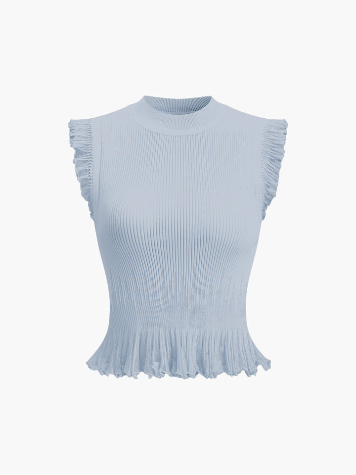 Top con volant in maglia a coste