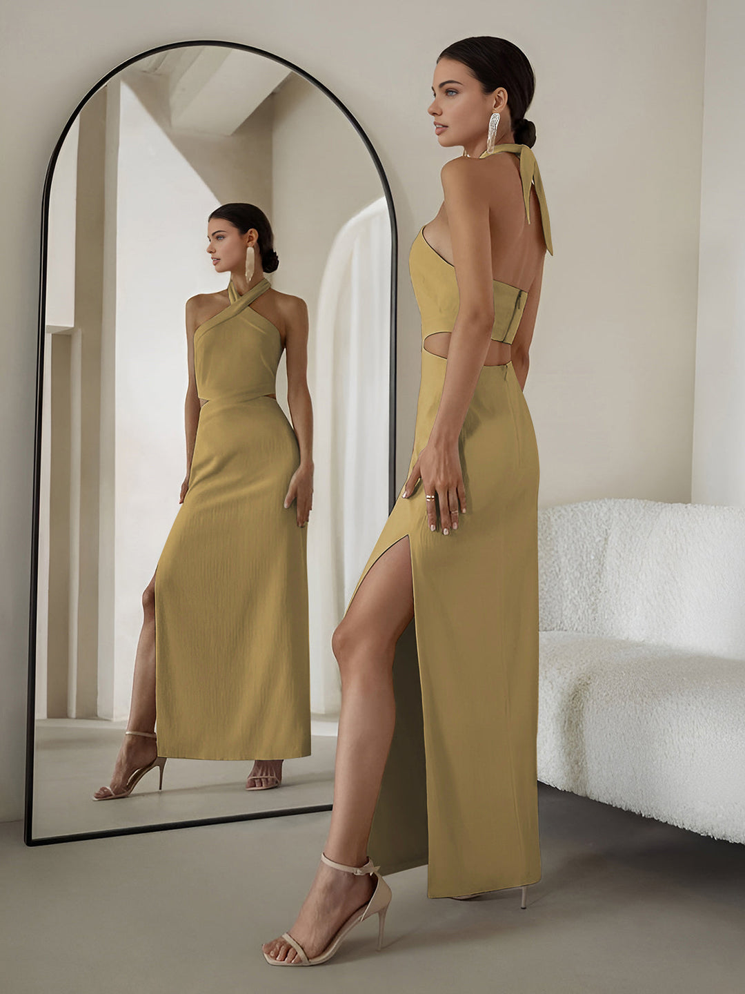 Crisscross Cutout Halter Split Knit  Long Dress