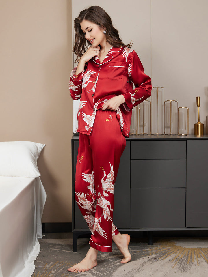 19 Mommy 2Pcs Pure Silk Printed Classic Binding Trim Women's Pajama Set.