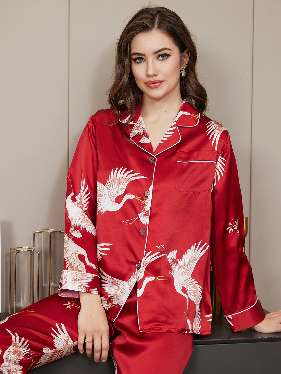 19 Mommy 2Pcs Pure Silk Printed Classic Binding Trim Women's Pajama Set.