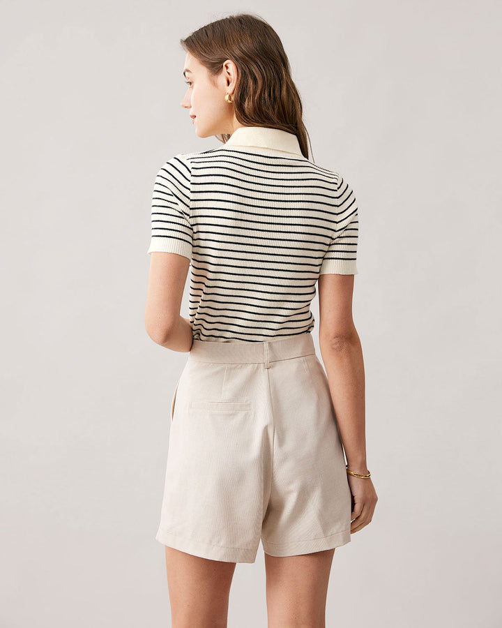 The Lapel Button Up Striped Knit Top