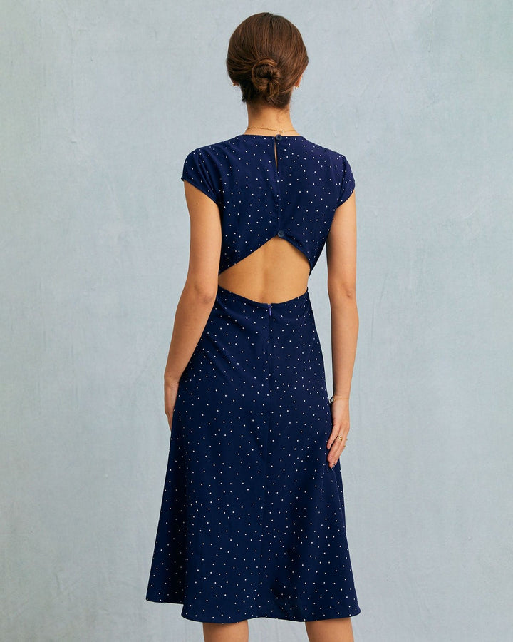 The Navy Round Neck Polka Dot Cutout Midi Dress