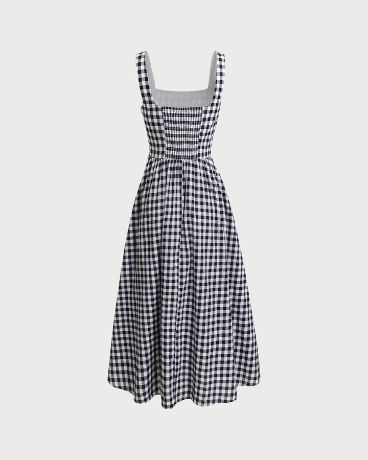 Black Plaid Square Neck Pocket Slip Maxi Dress